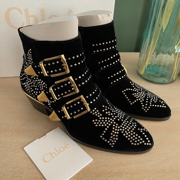 New Chloe Susanna Velvet Boots 36 Black Gold $1410 - Picture 2 of 10
